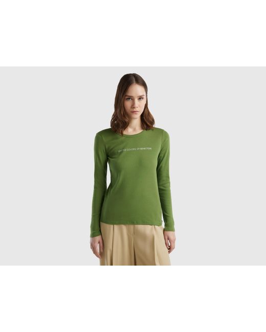 Benetton Green Langärmeliges T-shirt Aus 100% Baumwolle In Militärgrün