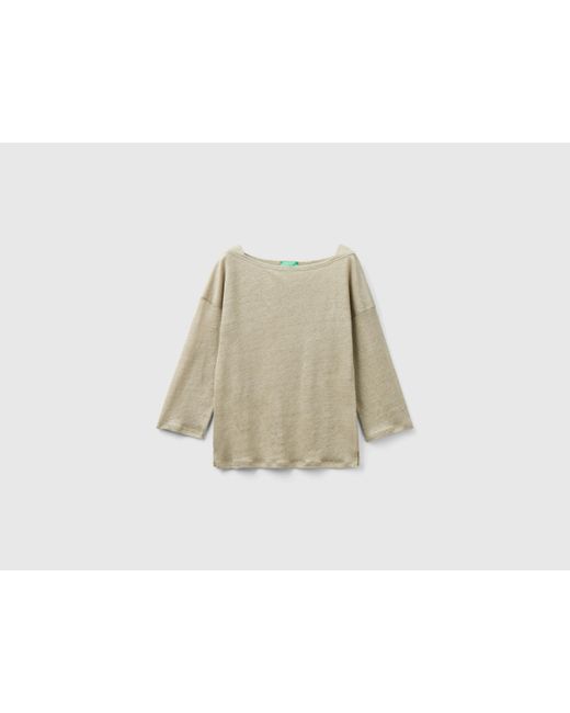Benetton Green 3/4 Sleeve T-shirt In Pure Linen