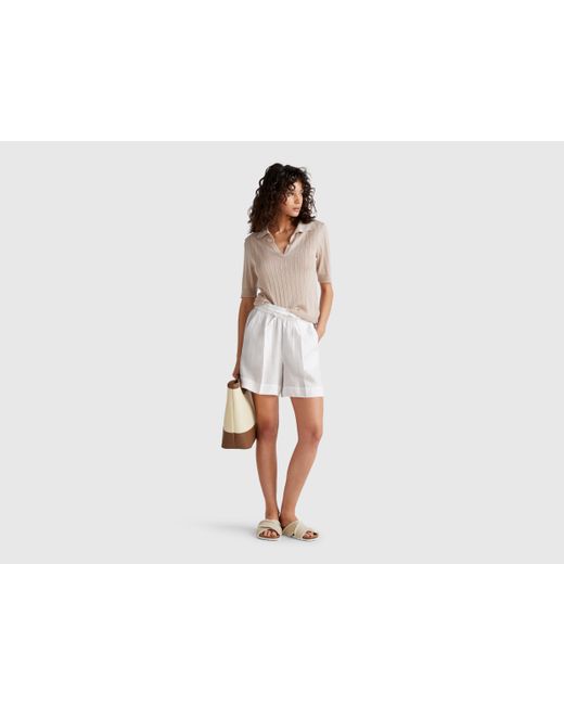 Benetton, Short De Puro Lino Con Cordón, Blanco, Mujer Benetton de color Black