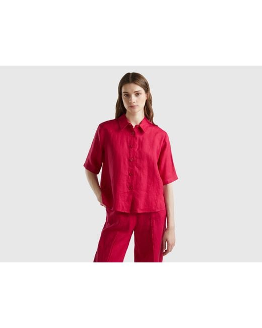 Benetton Red Short Shirt In Pure Linen