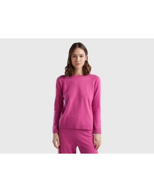 Benetton Pink Crew Neck Sweater In Cashmere And Wool Blend