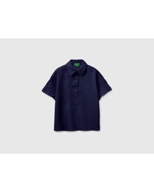 Benetton Blue Benetton, 100% Linen Short-Sleeved Blouse
