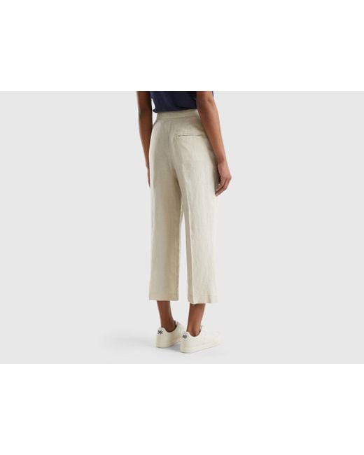 Benetton Black Cropped Trousers In Pure Linen