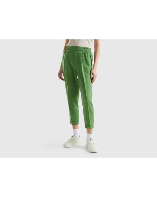 Benetton Green Cropped Trousers In 100% Linen