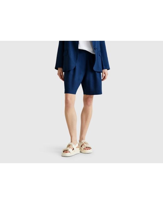 Benetton, Bermudas 100% Lino, Azul Grisáceo, Mujer Benetton de color Blue