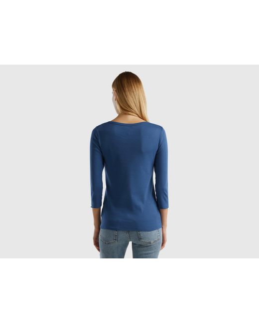 Benetton Blue T-shirt With Boat Neck In 100% Cotton