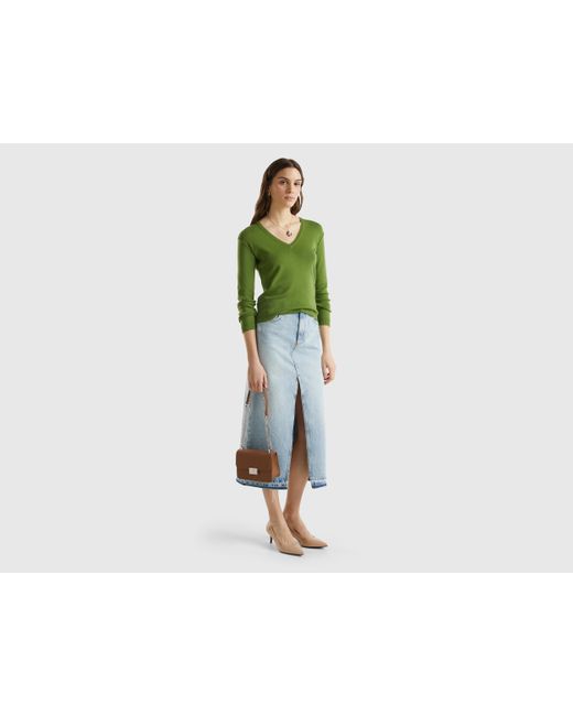 Benetton Green V-neck Sweater In Pure Cotton