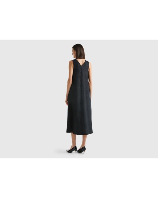 Benetton Black Sleeveless Dress In Pure Linen