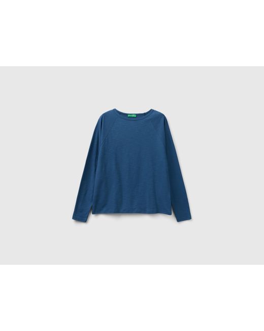 Benetton Blue Langärmeliges T-shirt Aus Leichter Baumwolle