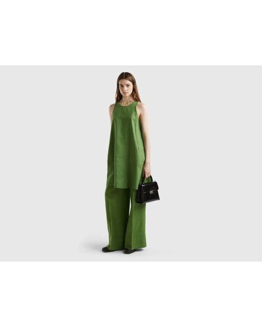Benetton Green Sleeveless Dress In Pure Linen