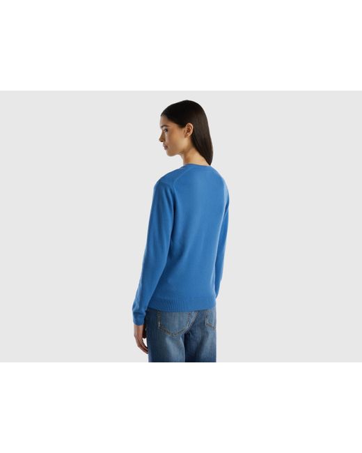 Benetton Blue V-neck Sweater In Pure Merino Wool