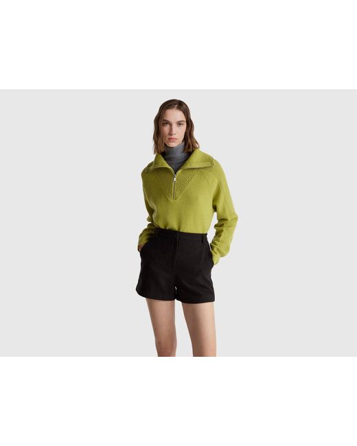 Benetton Green Benetton, 100% Wool Half-Zip Sweater