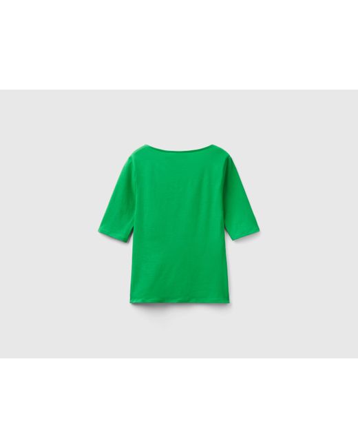 Benetton, T-Shirt Ajusté En Coton Stretch, , Vert, Femme Benetton en coloris Green