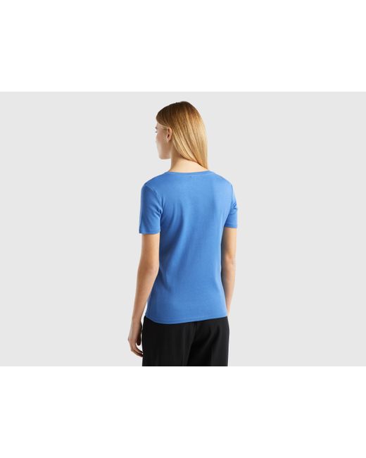 Benetton Blue Pure Cotton T-shirt With V-neck