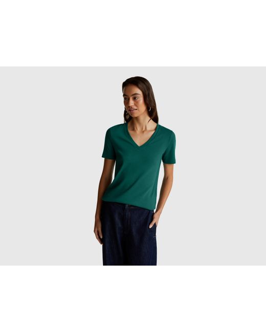Benetton, T-Shirt Col V En Pur Coton, Taille, Vert Foncé, Femme Benetton en coloris Black
