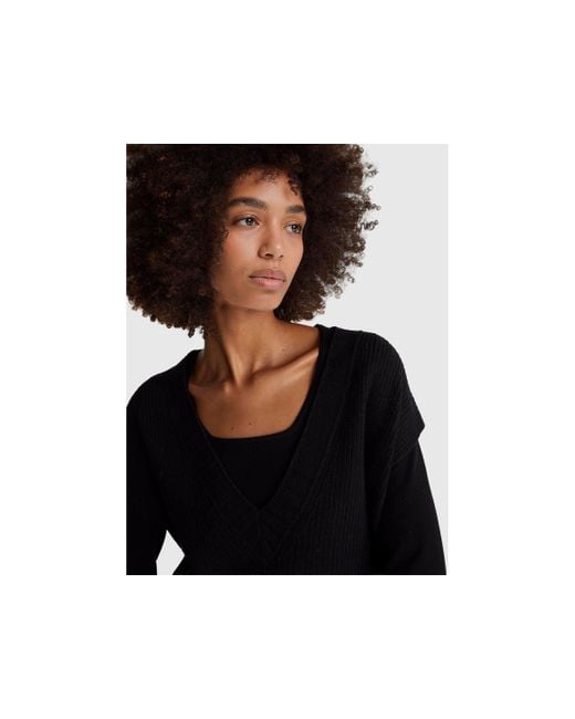 Benetton, Chaleco De Cuello En V De Mezcla De Lana, Talla, Negro, Mujer Benetton de color Black