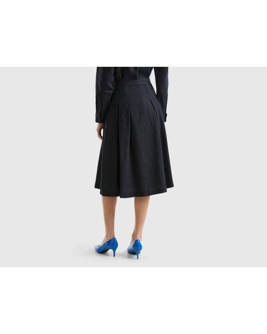 Benetton Black Midi Skirt In Pure Linen