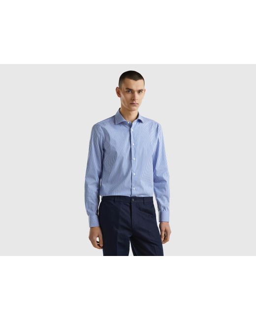 Benetton Blue Slim Fit Striped Shirt for men