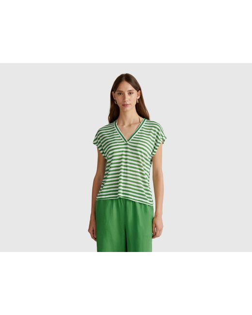Benetton, Camiseta Mezcla De Lino A Rayas, Azul Oscuro, Mujer Benetton de color Green