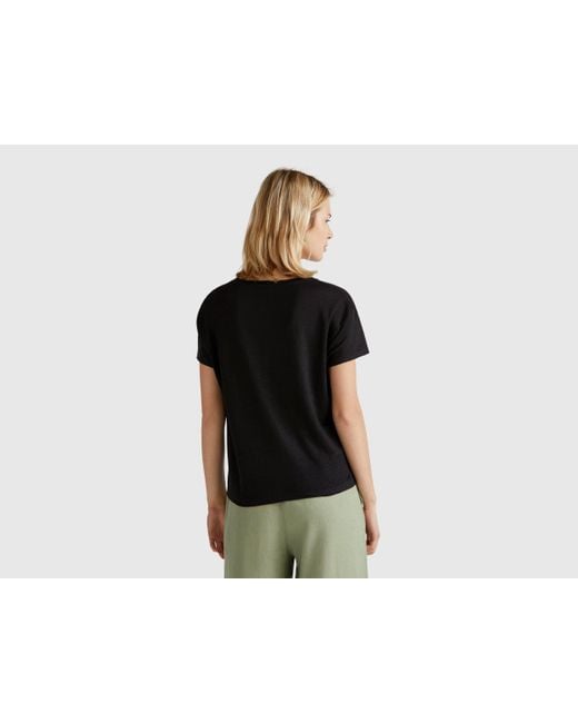 Benetton, Camiseta Con Cuello De Pico En Puro Lino, Negro, Mujer Benetton de color Black