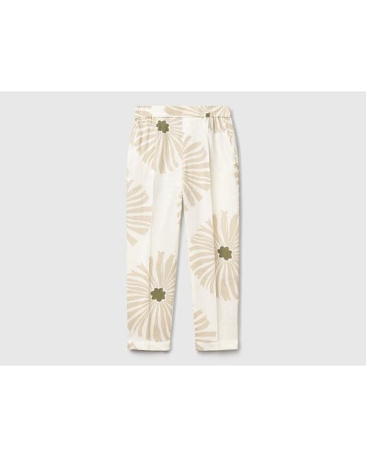 Benetton, Pantalon En Lin Imprimé, Crème, Femme Benetton en coloris Black
