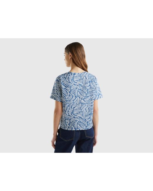 Benetton Blue Gemustertes T-shirt Aus Langfaseriger Baumwolle
