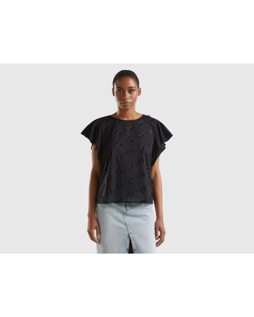 Benetton Black T-shirt With Embroidered Flowers
