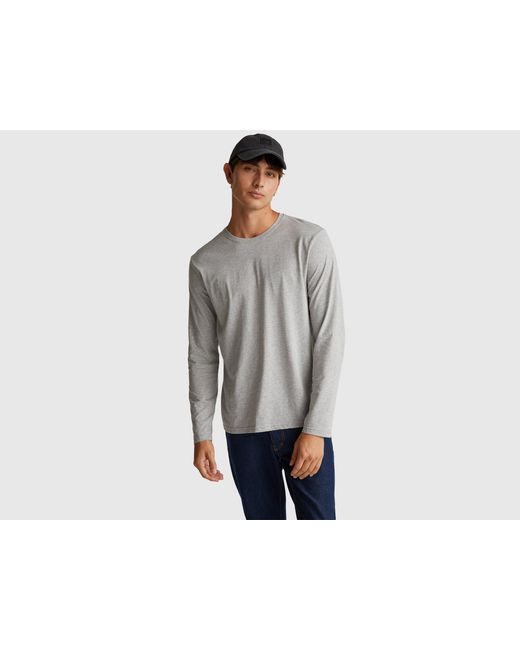 Benetton Gray Benetton, Long Sleeve Pure Cotton T-Shirt for men