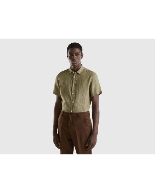 Benetton Green 100% Linen Short Sleeve Shirt for men