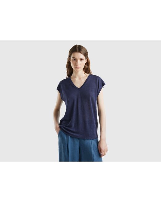 Benetton Blue V-neck T-shirt In Pure Linen