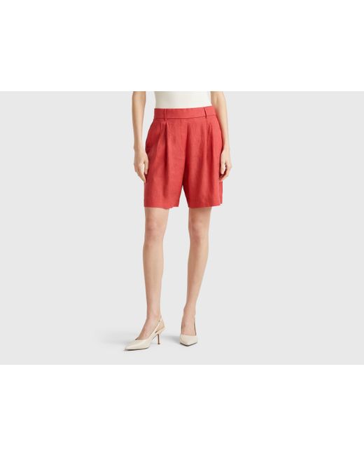 Benetton, Bermudas 100% Lino, Rojo Teja, Mujer Benetton de color Red