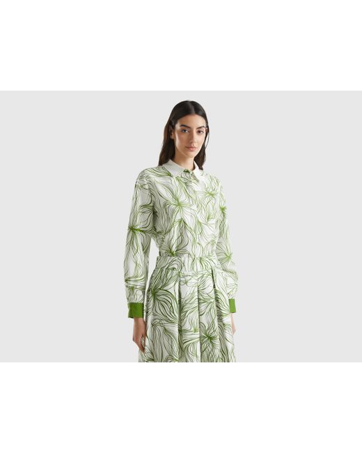 Benetton Green Patterned Shirt In Sustainable Viscose