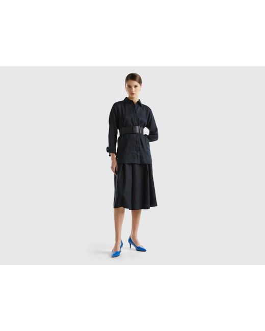 Benetton Black Midi Skirt In Pure Linen