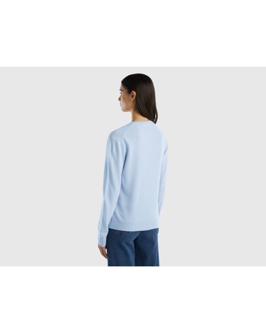 Benetton Sky Blue V-neck Sweater In Pure Merino Wool