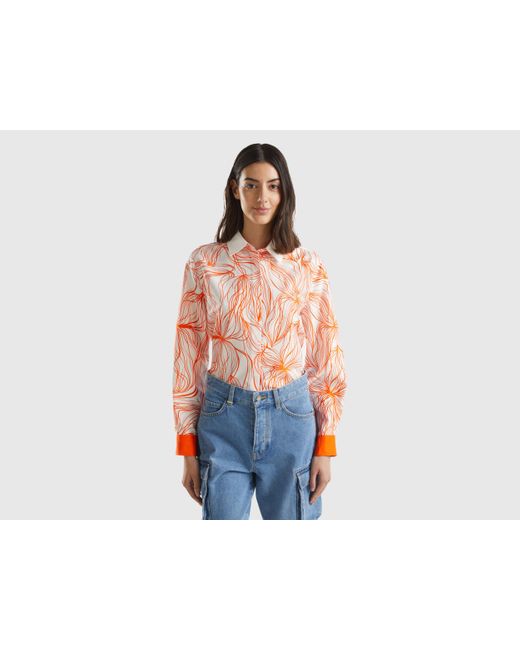 Camicia Fantasia In Viscosa Sostenibile di Benetton in Orange