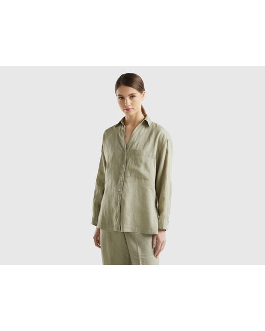 Benetton Natural Long Shirt In Pure Linen