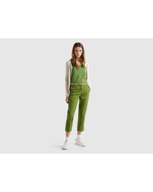 Benetton Green Cropped Chinos In Stretch Cotton