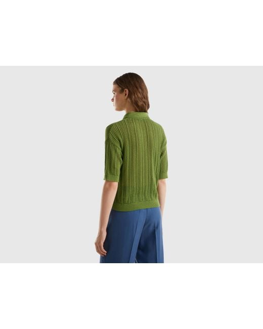 Benetton Green Crochet Knit Polo Shirt