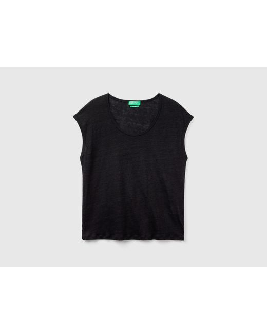 Benetton Black Wide Neck T-shirt In Pure Linen