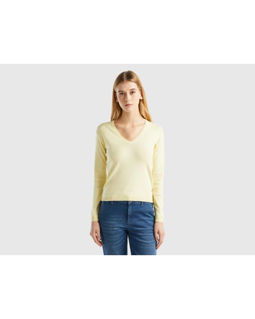 Benetton Yellow V-neck Sweater In Pure Cotton