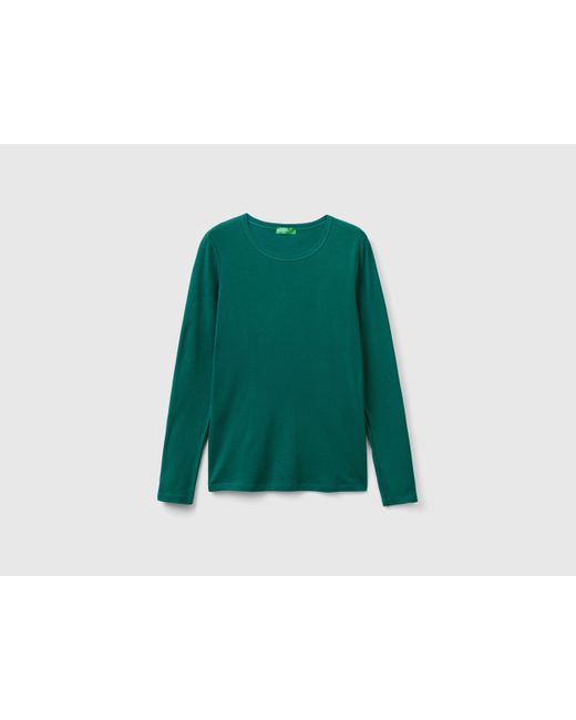 Benetton, Camiseta De Manga Larga De Algodón Puro, Verde Oscuro