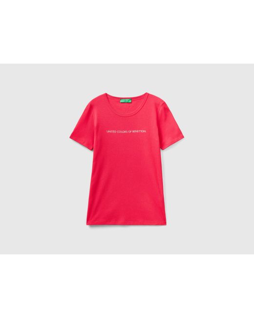 Benetton Red T-shirt Aus 100% Baumwolle Mit Glitzerndem Logoprint