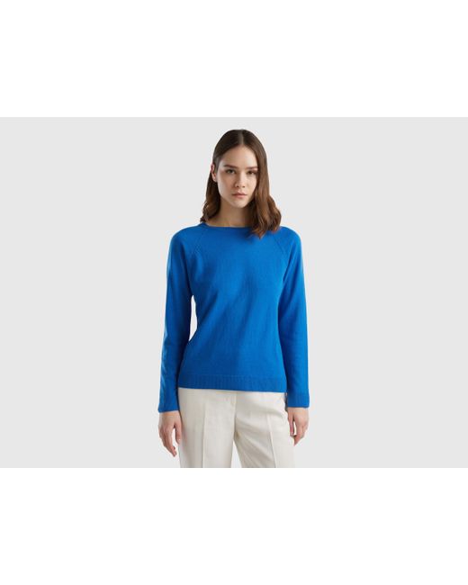 Benetton Blue Crew Neck Sweater In Cashmere And Wool Blend