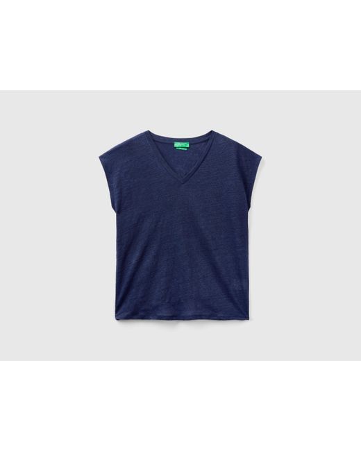Benetton Blue V-neck T-shirt In Pure Linen