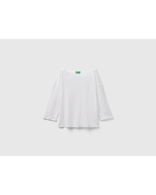 Benetton Black 3/4 Sleeve T-shirt In Pure Linen