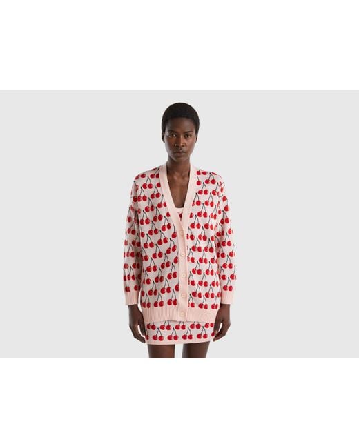 Benetton Red Pink Cardigan With Cherry Pattern