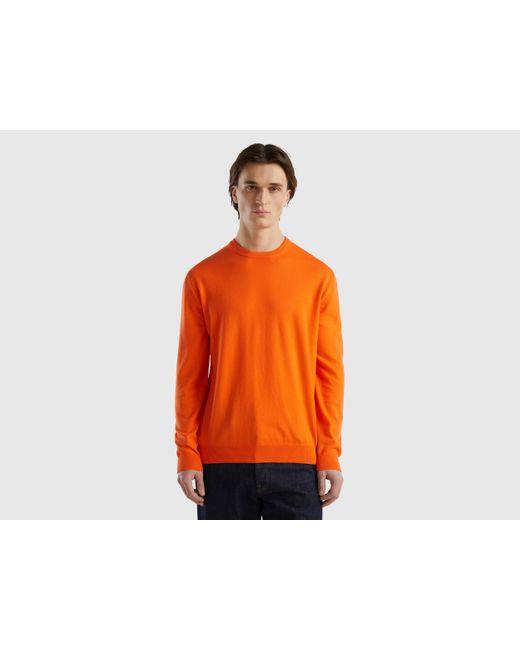Benetton Orange Crew Neck Sweater In 100% Cotton for men