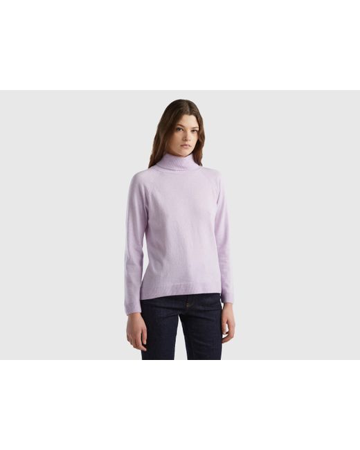 Benetton Black Light Lilac Turtleneck Sweater In Cashmere And Wool Blend