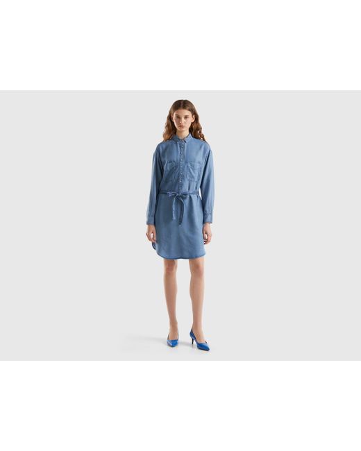 Benetton Blue Short Shirt Dress In Sustainable Viscose
