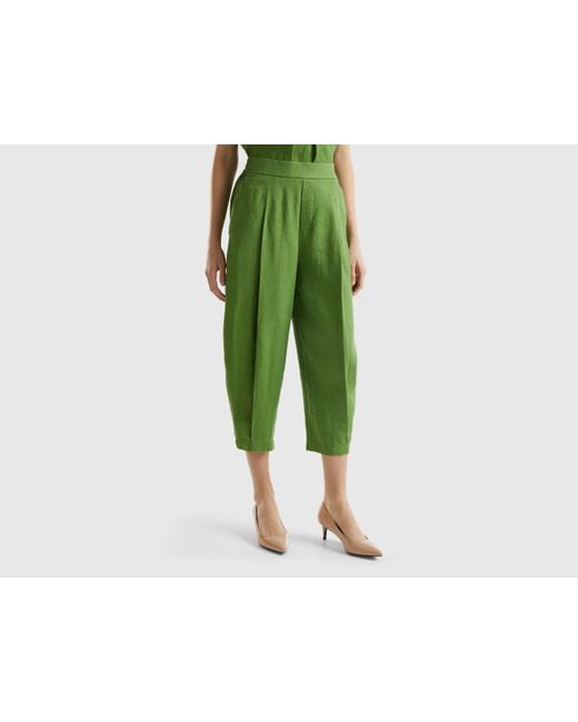 Benetton Green Trousers In Pure Linen